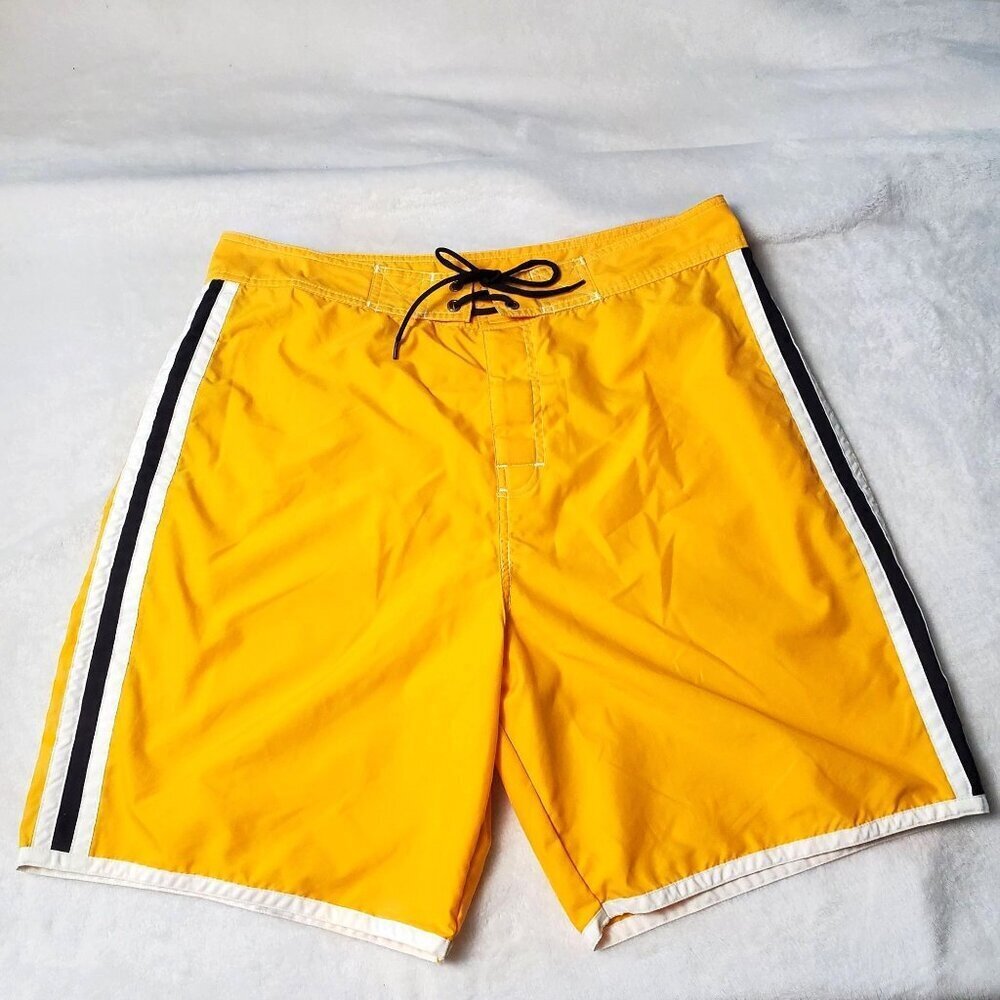 Yellow Swim Trunks W/ Black & White Side Stripes Drawstring Waist Mens Size L Po